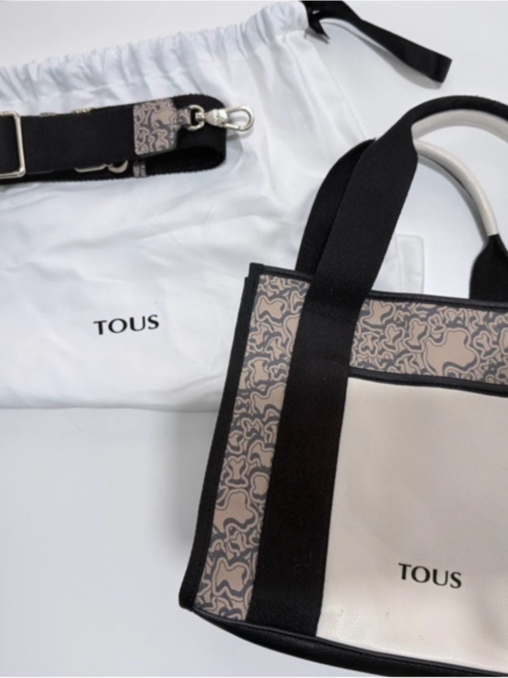TOUS Cream and Black Tote with Patterned Trim